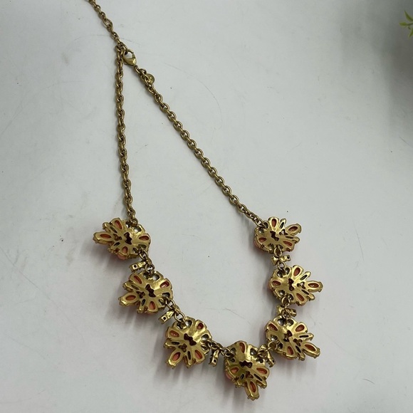 J Crew Opaque Pink and Clear Crystal Gold Tone Floral Statement Necklace - Picture 10 of 12